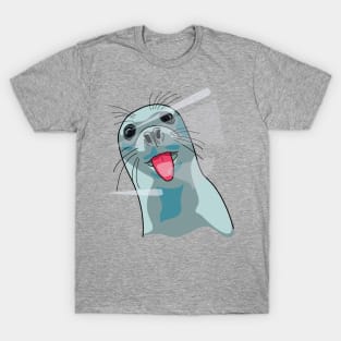 Whiskered Whimsy: Mischievous Seal Licking Glass T-Shirt